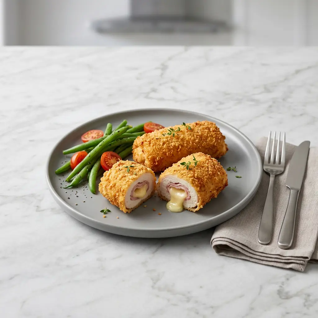 Φωτογραφία του Κοτόπουλο cordon bleu στη φριτέζα αέρος μαγειρεμένου στο air fryer