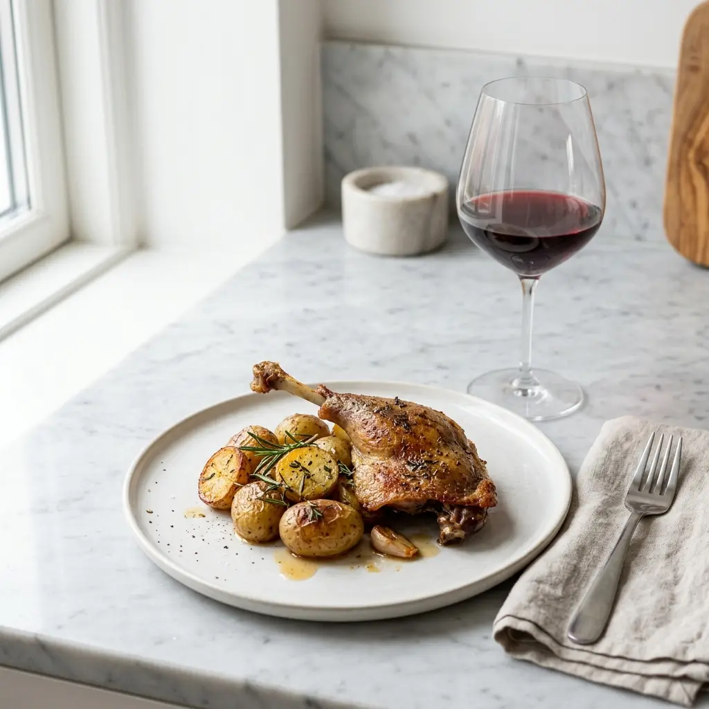 Φωτογραφία του έτοιμου πιάτου για τη συνταγή μπούτια πάπιας με πατάτες